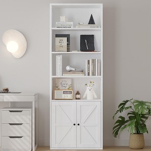 71.4in Tall Farmhouse Bookcase with Doors 11.8in Depth Display Storage Shelves Industrial Bookshelf Wooden 6 Shelf Bookshelves for Living Room - 1 of 4