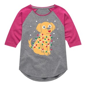 Girls' - Instant Message - Dog Wrapped In Christmas Lights Shirt Tail Raglan Graphic T-shirt - 1 of 4