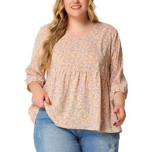 Agnes Orinda Women's Plus Size V Neck Babydoll 3/4 Lantern Sleeve Casual Floral Flowy Blouses - 1 of 4