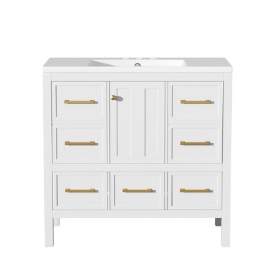 Vynxaria 36 inchWhite Single Sink Freestanding Bath Vanity with Pure White Resin Top Five Full Extension Drawers One Soft Close Door Adjustable Shelf