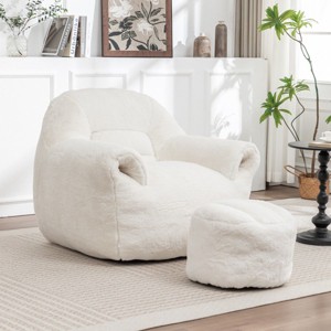 Faux Fur Bean Bag Chair with Footstool,Comfy Bean Bag Sofa for Adults and Kids Living Room Bedroom,Plush Bean Bag Chair for Home Decor-Koiai - 1 of 4