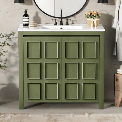36" Vintage Bathroom Vanity with Ceramic Sink,Adjustable Shelf and Soft Close Doors for Small Bathrooms-The Pop Home