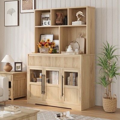 60" Kitchen Pantry Cabinet, Tall Kitchen Cabinet Pantry Cabinet with Glass Doors, Kitchen Cabinet with Drawers Coffee Bar Table for Living Room