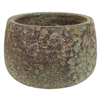 Sunnydaze Round Lava Finish Ceramic Planter - Green Distressed Ceramic - 14" Round