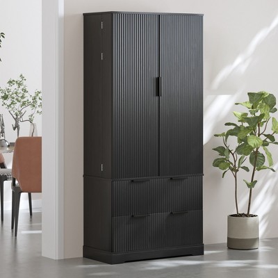 72" Kitchen Pantry Cabinet, Fluted Wooden Cupboard with Drawers, Freestanding Bathroom Cabinet, Coffee Bar Cabinet for Living Room Hallway