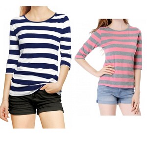 Allegra K Women's Elbow Sleeves Round Neck Slim Fit T-Shirt 2 Packs - 1 of 4