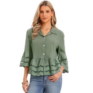INSPIRE CHIC Women's Button Down 3/4 Bell Sleeve Lapel Collar Casual Ruffle Hem Eyelet Blouse - 1 of 4