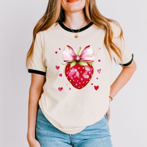 Coquette Strawberry Hearts Watercolor - Women's Ringer Graphic T-Shirt - 1 of 4
