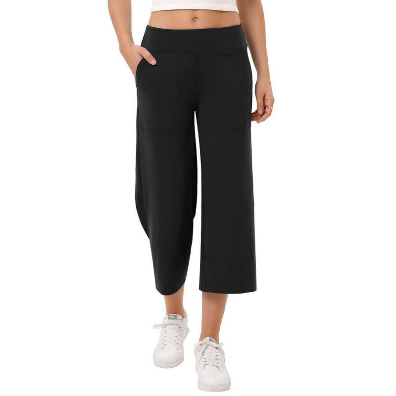Wide Leg Capri Pants for Women Pull on Loose Lounge Yoga Workout Elastic Waist Cropped Pants with Pockets, 2 of 8
