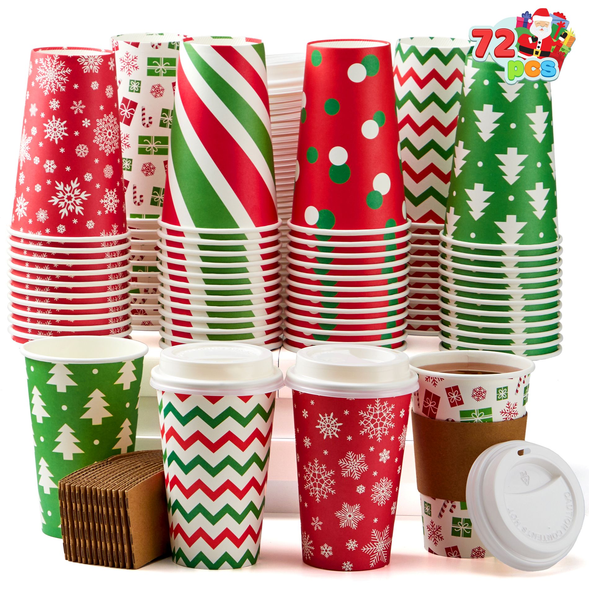 Joyfy 72-Pcs Christmas Disposable Cups – 16 oz Holiday Drinkware with Lids & Sleeves (4 Festive Designs)