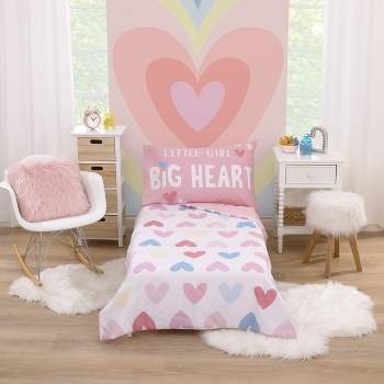 Everything Kids Hearts Pink, Blue and White Little Girl Big Heart 4 Piece Toddler Bed Set