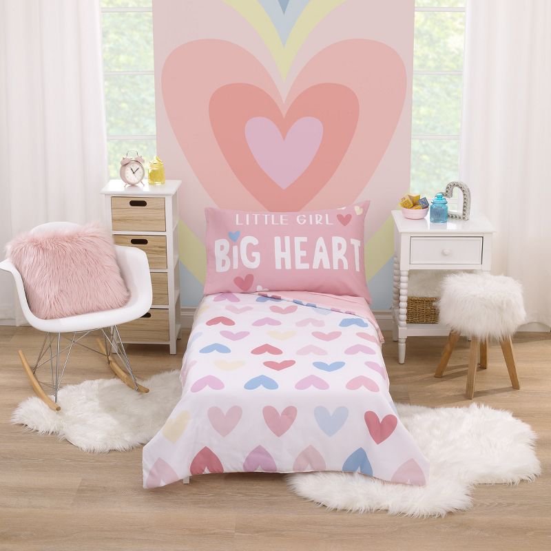 Everything Kids Hearts Pink, Blue and White Little Girl Big Heart 4 Piece Toddler Bed Set, 1 of 7