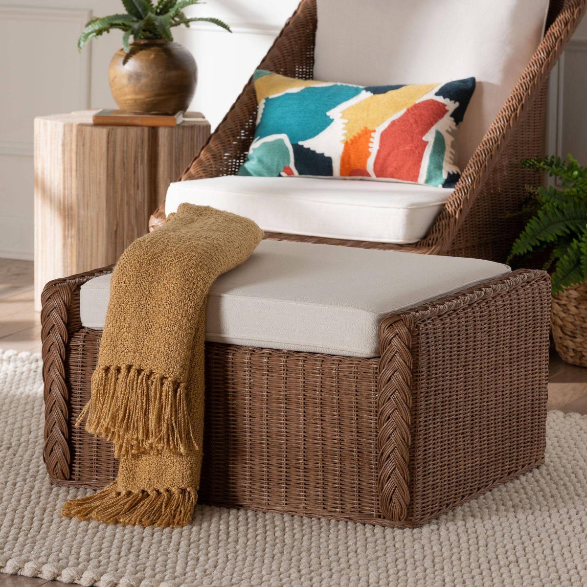bali & pari Derris Bohemian Peanut Braided Rattan Footstool Peanut Brown - thumbnail 6