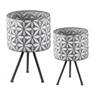 Gulches Set of 2 Metal Planter Stand,Round Galvanized Grey Farmhouse Planter - 1 of 4
