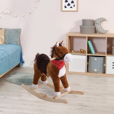 Vynxaria Kids Ride on Rocking Horse Plush Toy with Realistic Sounds and Red Scarf for Over 3 Years Old Birth Gift