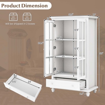 White Adjustable Wood Bookcase Cabinet with Glass Doors