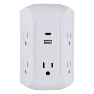 GE 5 Outlet Grounded Tap with 2 USB Ports USB-A and C 560J 3.4A White - 1 of 4
