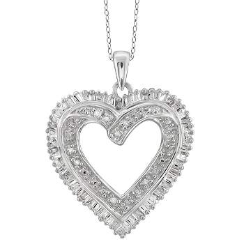 1/10 CT. T.W. Baguette and Round-Cut White Diamond Prong Set Heart Pendant - White (18")