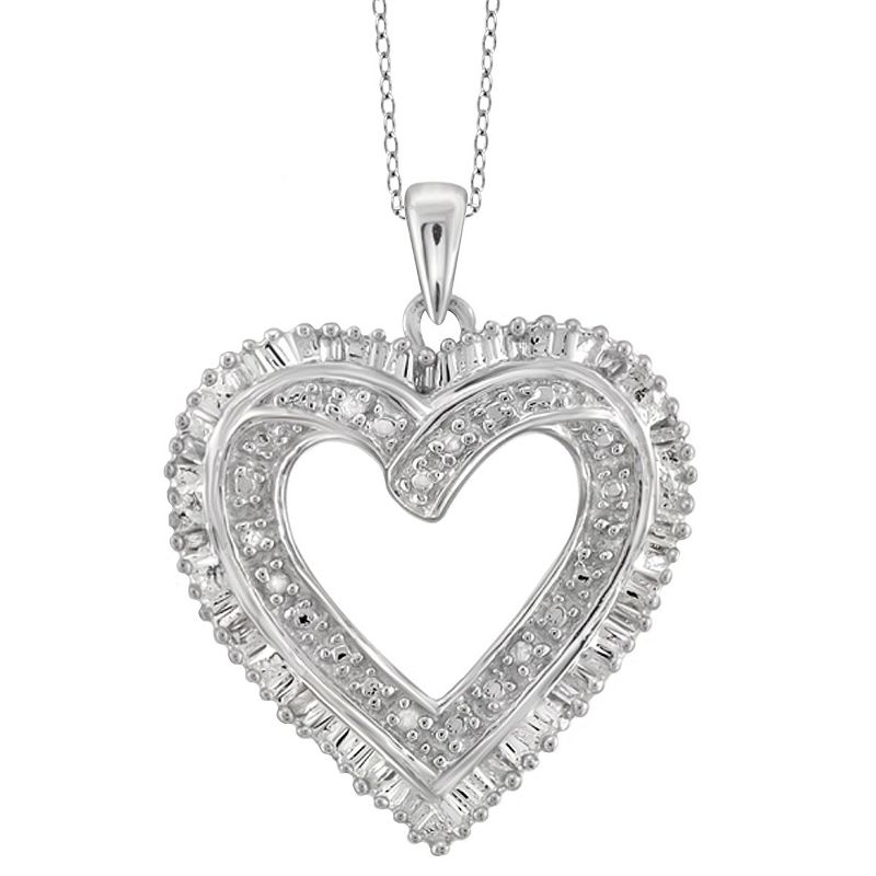 1/10 CT. T.W. Baguette and Round-Cut White Diamond Prong Set Heart Pendant - White (18"), 1 of 3