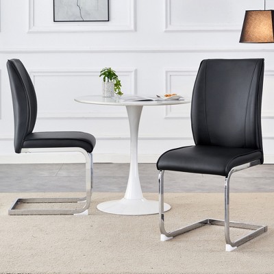 Akoasm Modern Upholstered High Toughness PU Arch Dining Chair Study Chair With Arched Metal Silver Leg Set of 2 For Hotel Living Room & Bedroom-Black