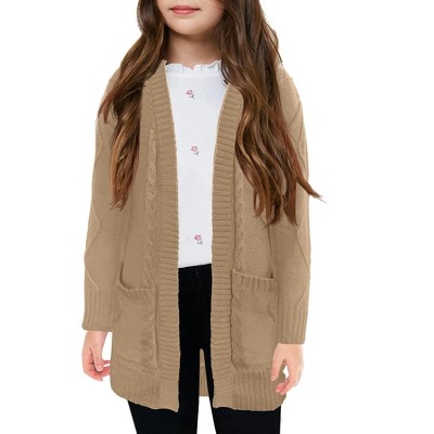 Girl Cable Knit Cardigan with Pockets Open Front Sweater Outwear Long Sleeve Sweater Cardigan Kids Winter Outfits