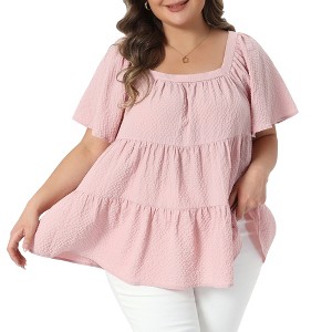 Women's Plus Size Textured Square Neck Short Sleeve Flowy Swing Babydoll Summer Casual Peplum Blouses - Agnes Orinda - 1 of 4