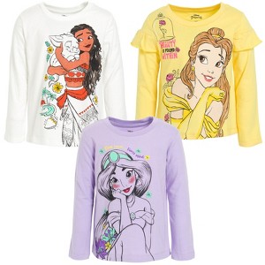 Disney Princess Ariel Cinderella Tiana Belle Jasmine Moana 3 Pack T-Shirts Toddler to Big Kid - 1 of 4