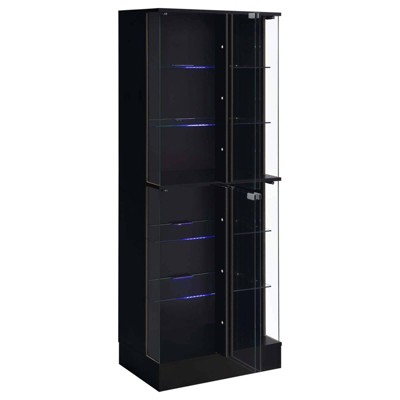 Black High Gloss Wood Curio Cabinet with Glass Shelves and LED Lighting