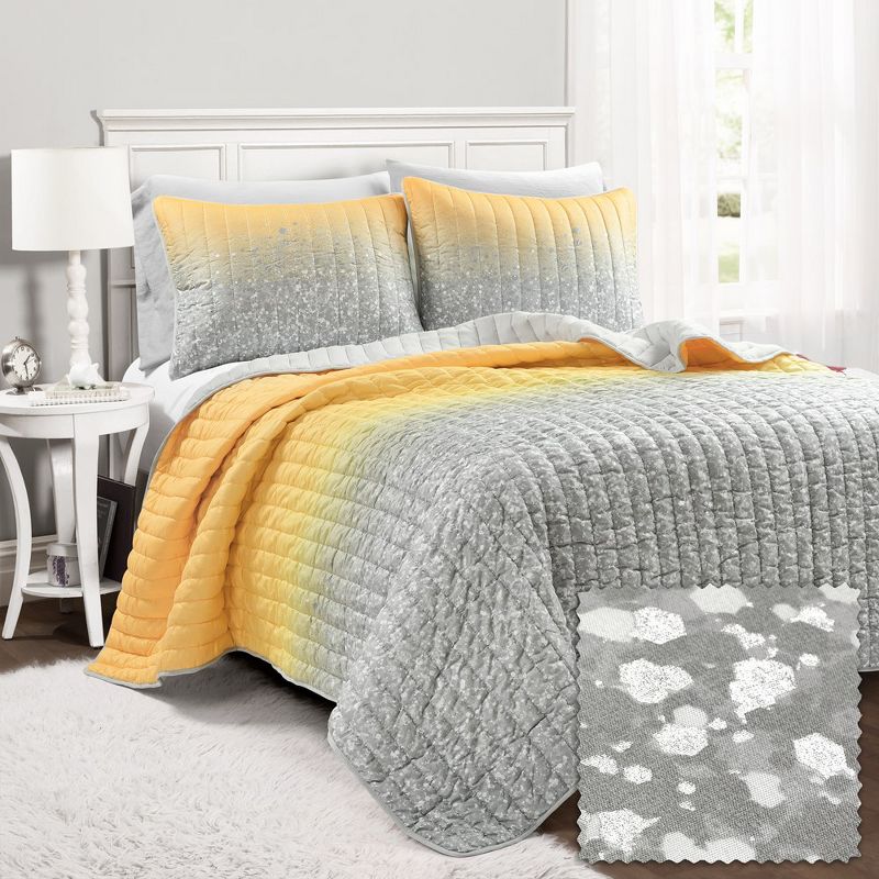 Home Boutique Glitter Ombre Metallic Print Quilt Yellow/Gray 5Pc Set Full/Queen, 1 of 2