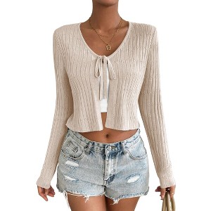 Clearlove Cropped Cardigan For Women Casual Tie Up Top V Neck Knitted Open Front Shrug Sweater - 1 of 4