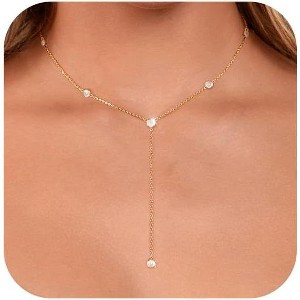 Lariat Gold Necklace for Women: Dainty 14K Gold Plated/Silver Y-Shaped Beaded Drop Chain, Trendy Gift - 1 of 4