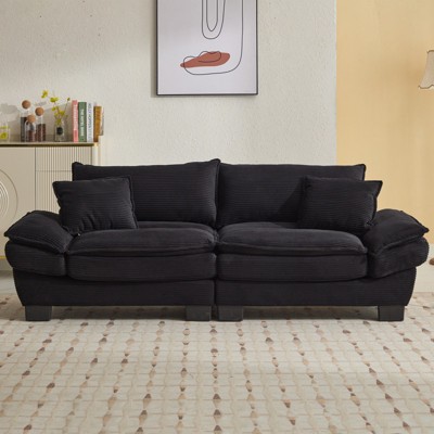 GlasFlength Corduroy Sofa Sleeper Couch Loveseat Sofa with Pillows, Comfy Upholstered Deep Seat Sofa for Bedroom, Living Room, Black, 84*32*32