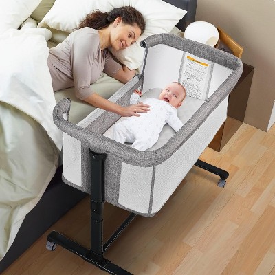 Kinder King Baby Bassinet 2 in 1 Bedside Sleeper Folding Portable w/Storage Basket All-Sided Mesh 6 Adjustable Height Comfy Mattress Dark Gray