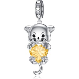 Sterling Silver Cat Charm with Birthstone - Dainty Animal Bead Gift for Women - 1 of 4