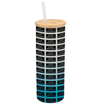 Elanze Designs Happy Birthday Banner Stamp Wrap-Around Design 25 Ounce Frosted Gradient Glass On-The-Go Coffee Travel Skinny Tumbler Mug Cup, Bamboo
