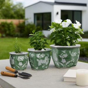 Home Decor Planter Pots - Ceramic Floral Planters for Indoor or Outdoor Succulents, Herbs, or Ferns - Set of 3 - 9", 8", 7" Green & White - 1 of 4