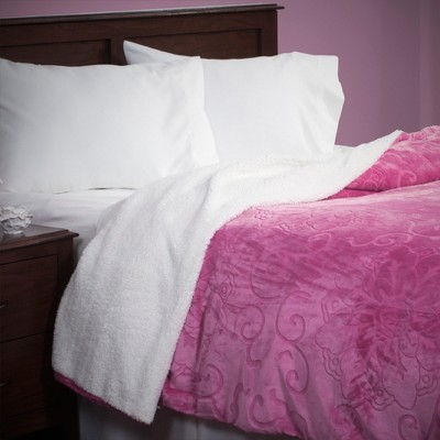 Hastings Home Floral Etched Fleece Blanket with Sherpa-F/Q-Pink