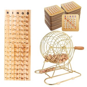 GSE Bingo Game Set with Large Brass Cage, 10 Shutter Slide Bingo Cards, Wood Master Board & 7/8" Calling Balls for Large Groups, Parties, Game Night - 1 of 4