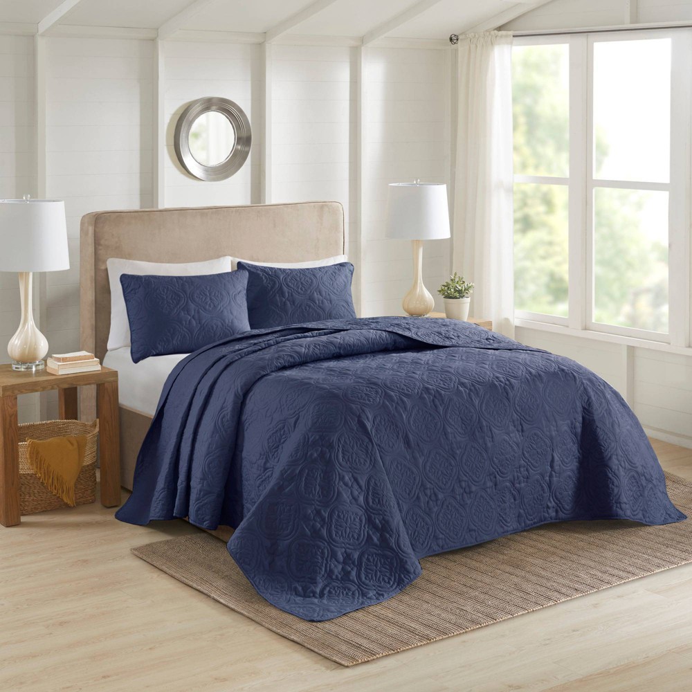 Photos - Bed Linen 3pc Full/Queen Glen Reversible Bedspread Set Navy Blue - 510 Design: Micro