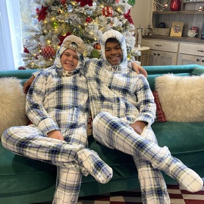 Adr Men's Hooded Footed Adult Onesie Pajamas Set, Plush Winter Pjs With  Hood Blue And White Plaid Large : Target