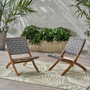 Christopher Knight Home Octavia Outdoor Acacia Wood and Strapping Belt Folding Chairs (Set of 2), Brown and Gray - 1 of 4