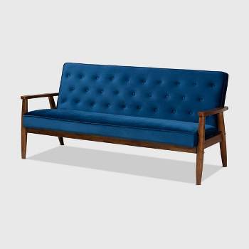 Sorrento Velvet Upholstered Wooden 3 Seater Sofa Navy Blue/Brown - Baxton Studio