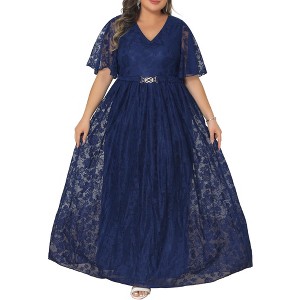 Women's Plus Size Mesh Decor Crew Neck Ruffled Short Sleeves Evening Wedding Guest Formal Party Maxi Dresses with Belt- Agnes Orinda - 1 of 4