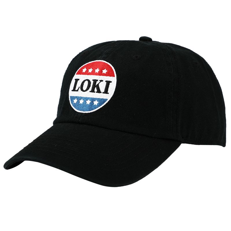 Loki Red White and Blue Button Embroidered Black Cotton Twill Hat, 3 of 6