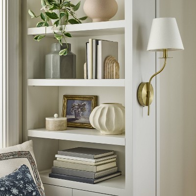 Gold Battery Operated Wall Sconce with White Linen Shade