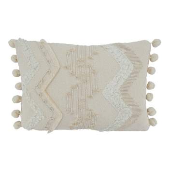 Saro Lifestyle Cord + Pom Pom Applique Pillow - Down Filled, 12"x18" Oblong, Ivory