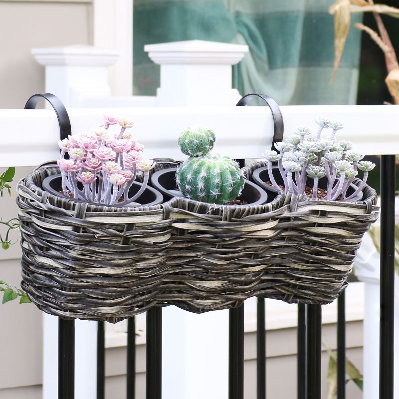 Sunnydaze Indoor/Outdoor Polyrattan Over-the-Rail Tri-Planter with 3 Round Black Plastic Liners, 2 of 10
