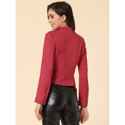 INSPIRE CHIC Women's Faux Suede Stand Collar Zip Up Long Sleeve Moto Biker Jacket Small Red — фото 4