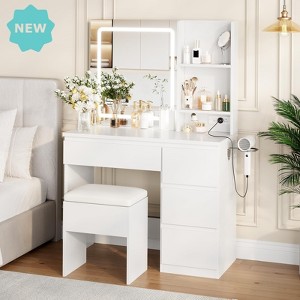 Jojoka Vanity Desk with Lighted Mirror, 3-Color LED Makeup Table with Charging Ports, Storage Stool, Drawers and Hair Dryer Holder,Modern Bedroom Set - 1 of 4