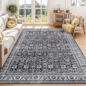 Living Room Rug Washable, Soft Vintage Floral Large Bedroom Rugs Classic Retro Indoor Floor Carpet, Low Pile Non-Slip Farmhouse Rugs - 1 of 4